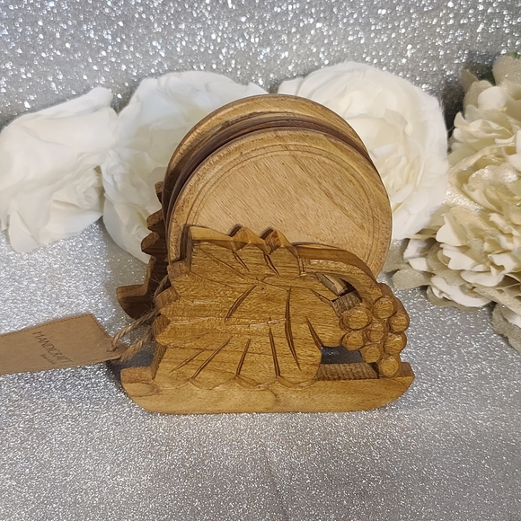 NWT Set of 6 Handcrafted Teak Wood Coasters with Hand Carved Stand - Picture 1 of 9